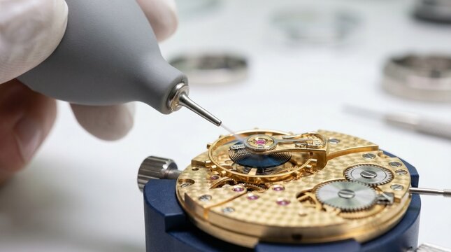 A watchmaker using a grey air blower on a golden luxury watch movement, precision craftsmanship, mechanical watch repair, artisan work.