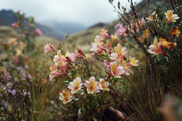 Obraz premium Wild Alstroemeria presliana flowers blooming in high altitude South American mountain grassland