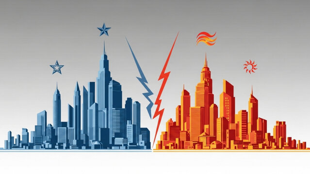 Dynamic cityscape illustration with bold skyscrapers and vibrant energy, referencing 117.svg design elements