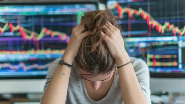 Financial Strain: A person grapples with the pressures of economic instability, hands clasped to head in distress, in front of a monitor displaying fluctuating financial data.