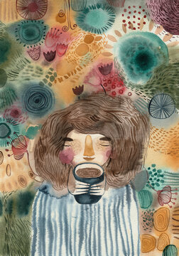 A girl enjoying a cup of coffee and tea with lots of colours and patterns around her