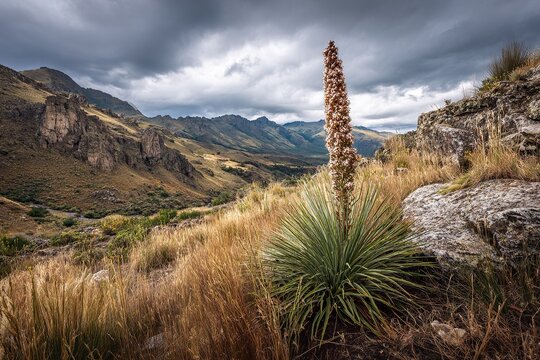 Puya raimondii giant bromeliad blooming in high altitude Andean mountain landscape