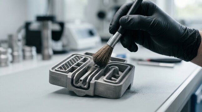 A hand in a black glove uses a soft brush to clean dust from a 3D-printed metal part in a lab, additive manufacturing, industrial prototyping, high-tech engineering.