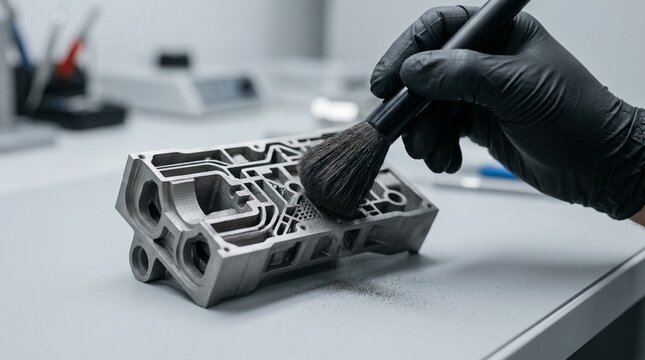 A hand in a black glove uses a soft brush to clean a complex metal 3D-printed part in a lab, additive manufacturing innovation, industrial prototyping, precision engineering.