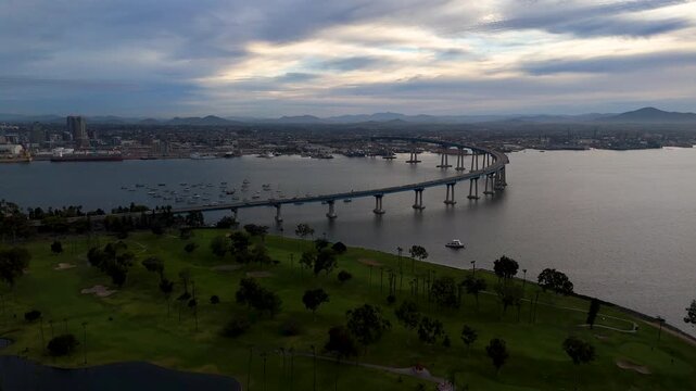 Aerial view of the Coronado bridge stretching across the bay, connecting Coronado Island to the mainland, Coronado, California, United States.