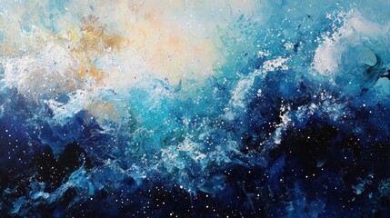 Obraz premium Abstract painting of a turbulent ocean or cosmic expanse. A dynamic display of swirling blues, whites, and golds. Textured and layered, suggesting movement and energy
