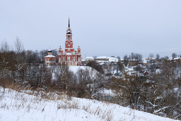 Mozhaisk, Moscow Oblast, Russia. View of the Novo-Nikolsky Cathedral, located on the grounds of the former Mozhaisk Kremlin. Winter landscape with a beautiful Orthodox church. Tourist attraction.