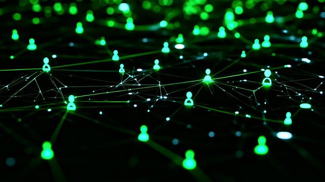 Network of interconnected green nodes on dark background.