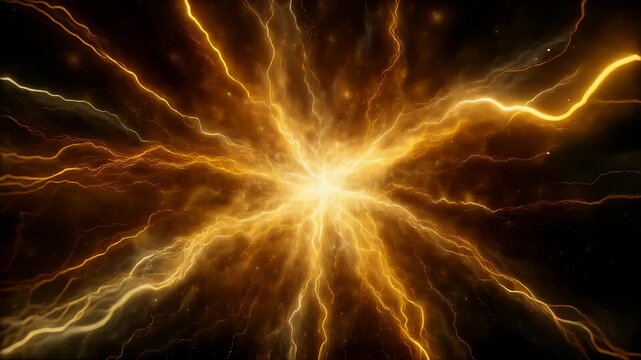 Radiant Golden Lightning Burst with Sparkling Particles and Energy Flashes