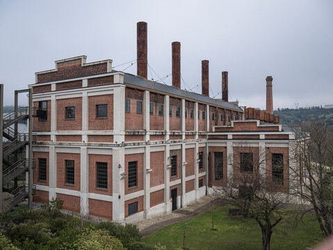 Ponferrada, Leon, Spain; 01-18-2026: Rear view of the "La f&aacute;brica de la luz" building of the energy museum, built in the old thermal power plant of the mining and steelworks of Ponferrada