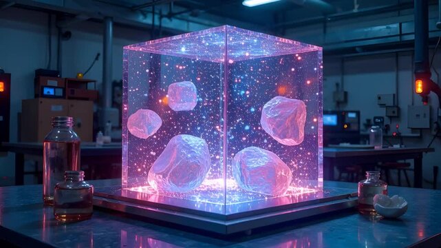 This video showcases a futuristic laboratory scene featuring illuminated ice cubes suspended in a transparent glass cube, surrounded by colorful lights and a high-tech ambiance. Ideal for science, tec