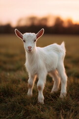 Obraz premium Adorable young goat standing in grassy field during warm sunset light. Farm animal portrait symbolizing rural life, agriculture, and natural countryside scenery