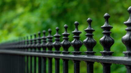 Ornate Black Wrought Iron Fence with Elegant Finials Surrounded by Lush Green Foliage in a Vibrant Natural Landscape