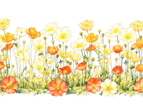 Watercolor vibrant poppies in orange and white blooming border meadow frame