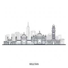 Fototapeta premium A black and white line art illustration of the Multan city skyline featuring various mosques and buildings