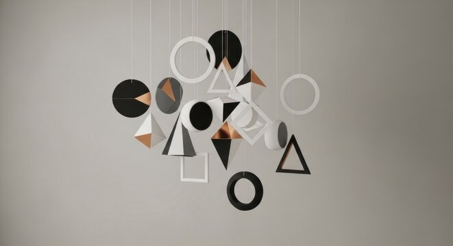 A hanging mobile with geometric shapes in black, white, and copper colors, hanging from a white string against a neutral background.