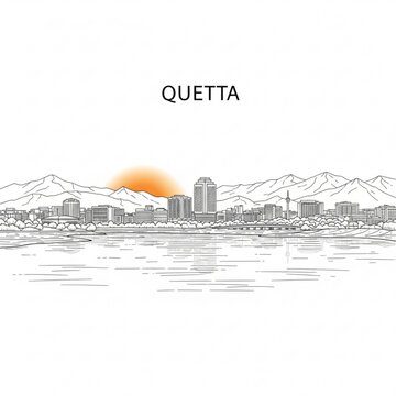 A vector graphic illustration of the Quetta city skyline at sunset with mountains in the background