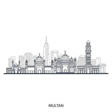 A black and white line art illustration of the Multan city skyline featuring various mosques and buildings