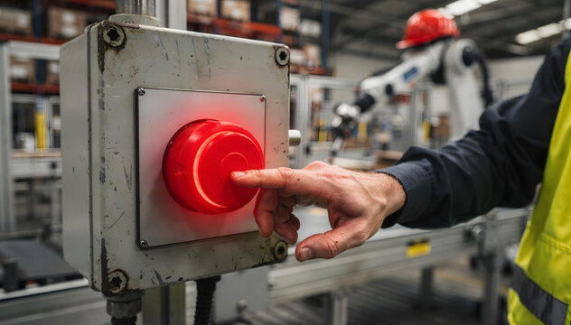 A close-up view of a worker's finger pressing a large, illuminated red emergency stop button on an industrial control panel in a busy factory environment