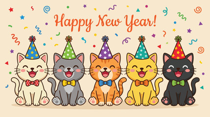 Fototapeta premium Cute Cartoon Cats Wearing Party Hats Celebrating Happy New Year