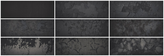 Set of dark panoramic background textures. Collection of wide textures with peeling paint, cracks, scratches, noise and grain. Faded rough surfaces of old walls. Bundle of gray backgrounds for design.