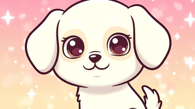 A cute cartoon white puppy with big sparkling eyes and a happy expression on a pink and yellow background with stars.