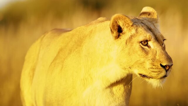 Close up of face of a panthera leo lioness looking into the Camera at Savanah of Mabuasehube, Botswana, South Africa 