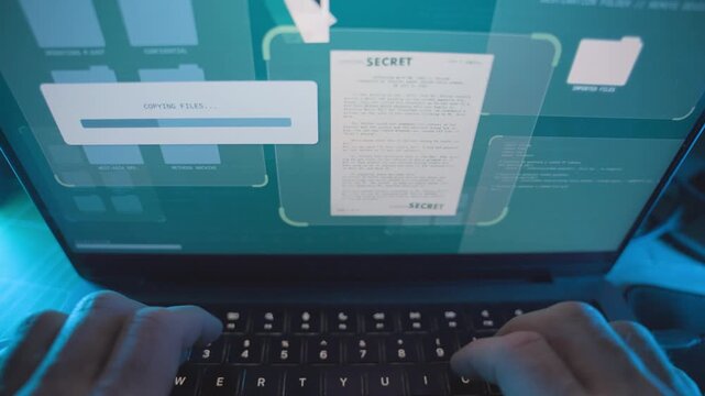 Hacker typing on computer copying and downloading secret government files from server. Top secret classified information security breach. Hands type on keyboard. Files transferring confidential data