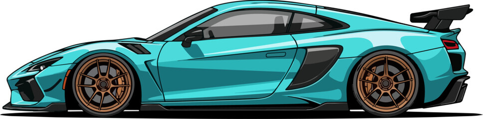 A sleek, teal sports car illustration showcasing its aerodynamic design and vibrant color from a side view. © faisalaladabi