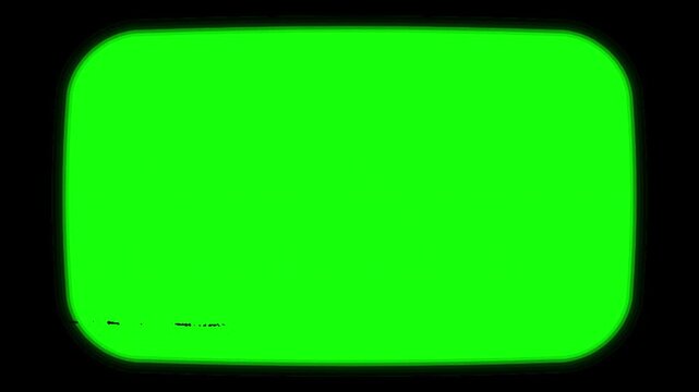 Retro TV power on transition from black screen to static noise and green screen. Vintage television startup with glitch distortion and chroma key screen replacement animation