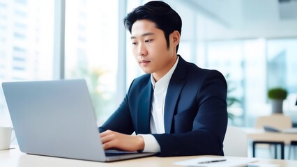 ノートパソコンで作業する集中したビジネスパーソン