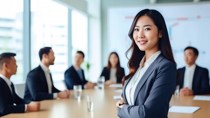 会議室で自信を持って立つビジネスリーダーの女性