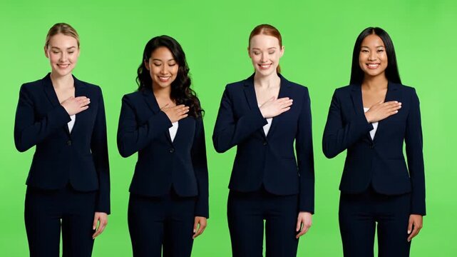 Diverse Businesswomen Standing Together in Suits. 4 women from different countries greet guests by bowing their heads and smiling with greenscreen background