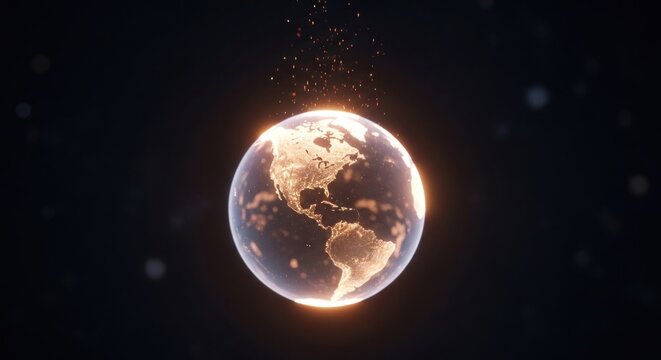 A golden, glowing Earth with a starry background, emitting a warm glow and emitting particles, set against a black backdrop.