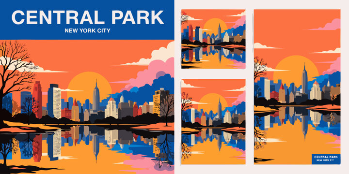USA, US, U.S, United States - Set of cards &ldquo;Central Park lake reflection with skyline, sunset flat vector banner, card, flyer

