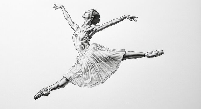 A detailed pencil drawing of a ballerina in a tutu, captured mid-performance, with a white background and soft lighting.