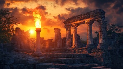 Fototapeta premium Ancient ruins ablaze at sunset. Dramatic fiery torch illuminates crumbling columns in the fading light