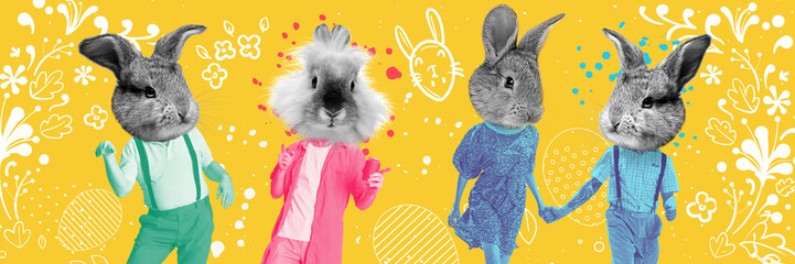 Bright composition with rabbit characters on yellow background festive banner. Concept of spring holiday greeting design, seasonal marketing banner, celebration template and Easter promo layout. © master1305
