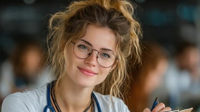 Caring Vision: A medical professional, her glasses reflecting a warm, reassuring gaze, pauses from her important work. Her gentle smile and a stethoscope, portray a message of comfort and support.