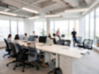 Fototapeta premium Modern Office Interior with Blurred Open Workspace and Conference Area, Minimalist Corporate Architecture Background