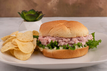 spam salad sandwich servedwith potato chips