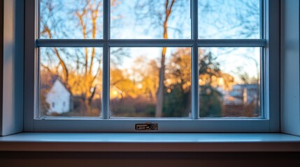 Fototapeta premium Window view of sunset on trees and houses