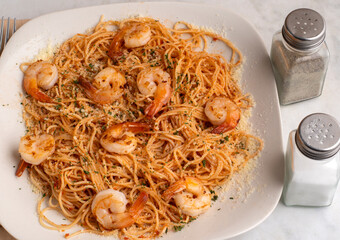 angel hair pasta  with s hrimp,