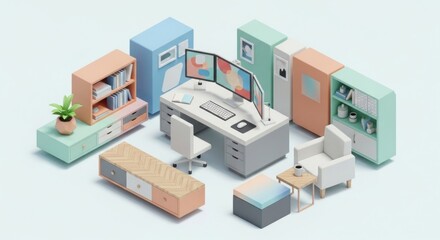 A colorful, isometric office setup with a desk, chairs, and various office furniture. 