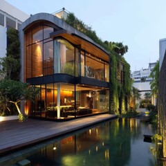 Obraz premium Modern architectural design with greenery, glass, and reflecting pool in an elegant urban setting at sunset