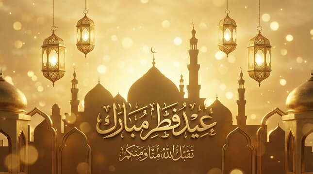 Eid Mubarak Arabic Calligraphy. Islamic Eid Fitr Adha Greeting Card design. Translated: we wish you a blessed Eid. عيدكم مبارك عيد فطر مبارك