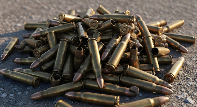 a large pile of brass bullets on a gray concrete surface outside ammunition pile bullet casings bras