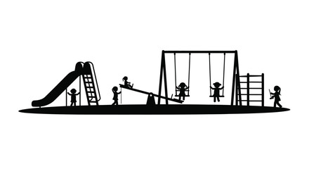 Children playing on a playground set with a slide and swings silhouette
