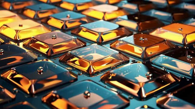 Cubes with smooth surfaces are arranged closely together. Light shines on them creating bright reflections and shadows. Droplets sit on top, adding texture and depth.