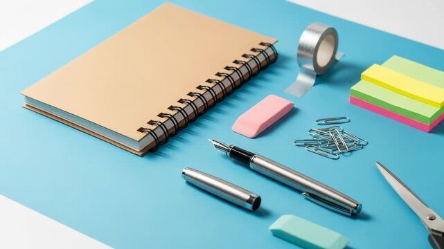 A spiral-bound notebook, pens, pencils, scissors, tape, staples, erasers, and sticky notes on a blue surface